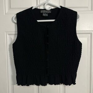 Andrea Jovine 100% Wool Vest XS Black Textured Knit Button Front Ruffle Hem